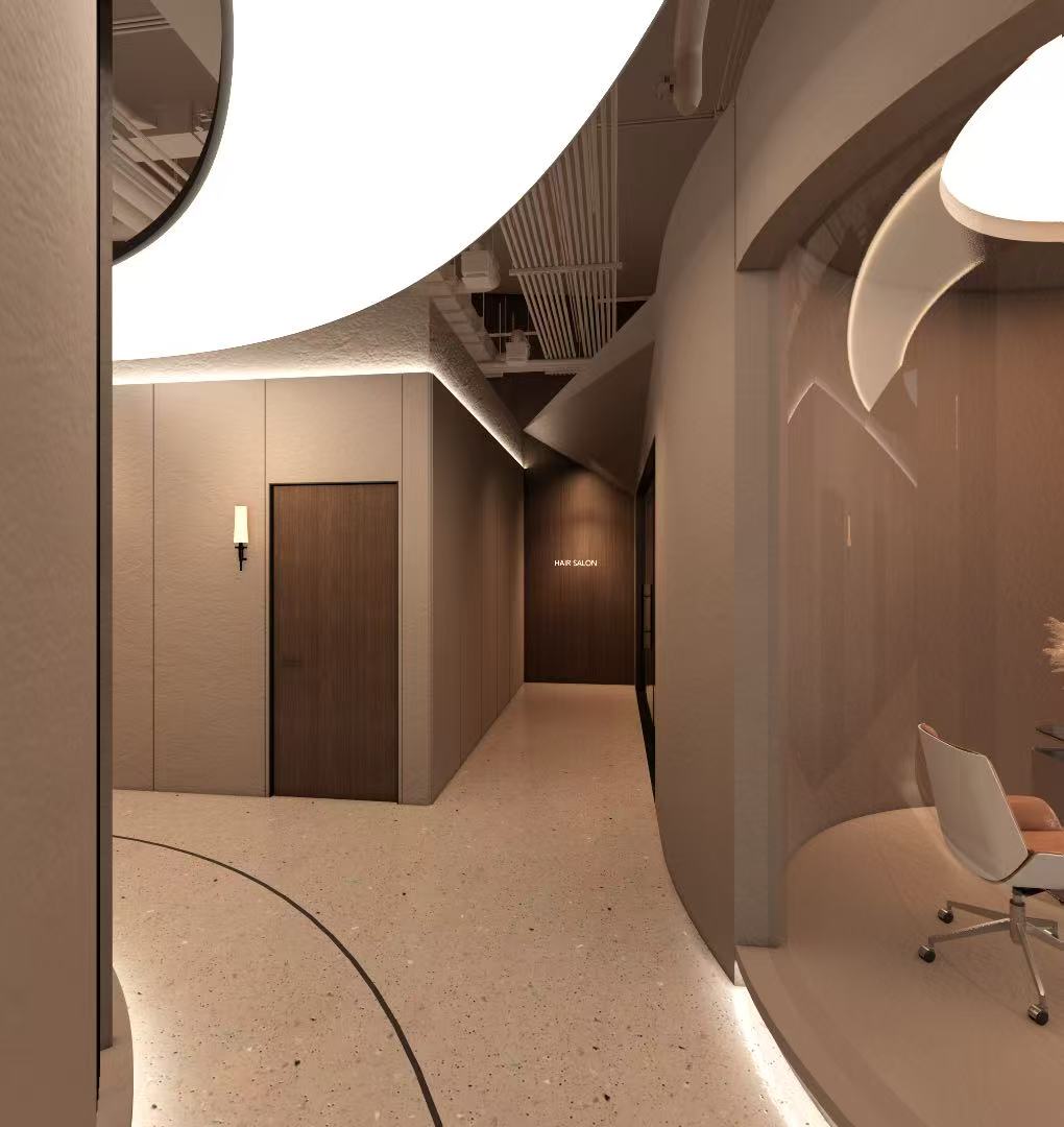 Mist Day Spa corridor in Chatswood with curved lit ceiling and hair salon station