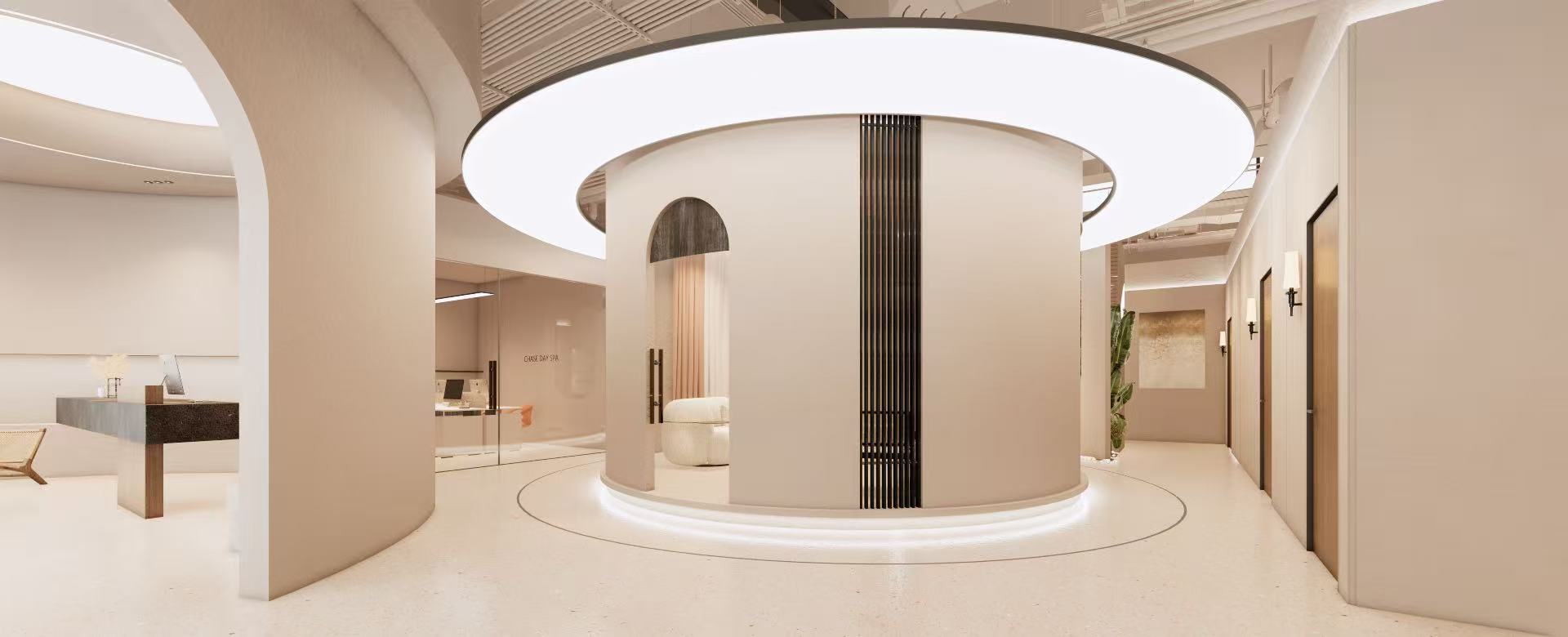 Spa lobby at Mist Day Spa Chatswood with circular ceiling light and treatment room corridor